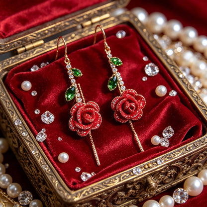 🌟【2 pares】🌹Pendientes de rosa roja con tallo de cristal