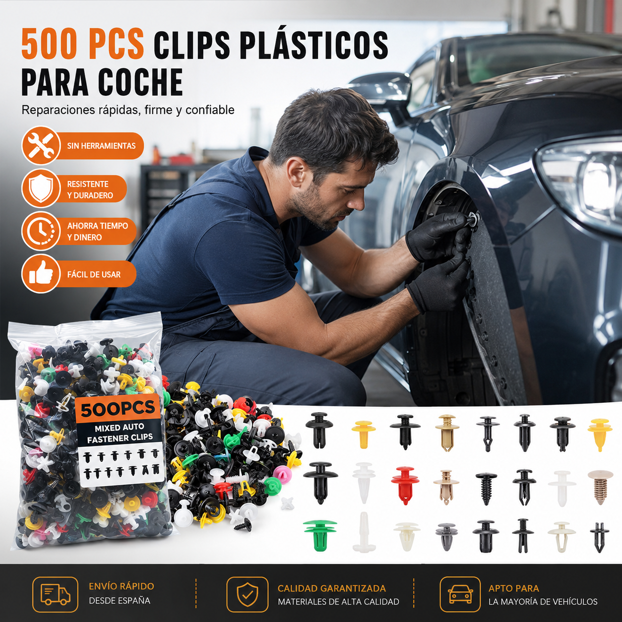 🚗 Kit de 500 Grapas para Coche – Clips Universales de Nylon para Paneles y Tapizados