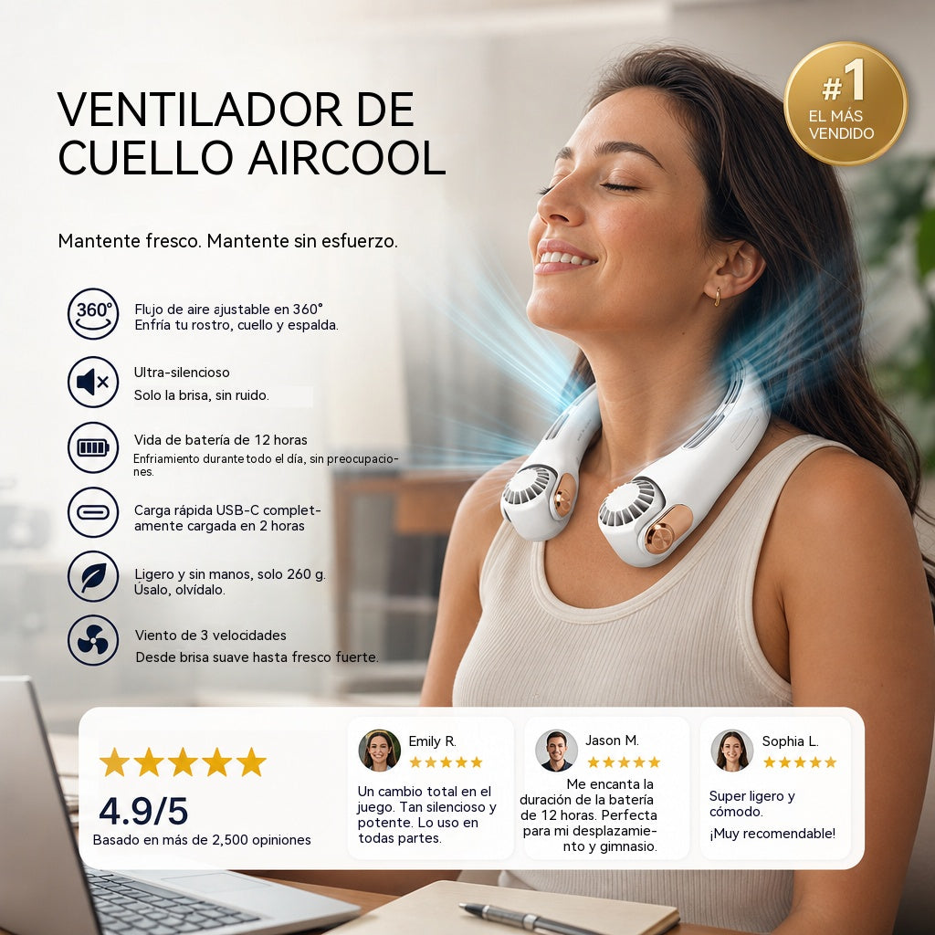 🍃 Ventilador de cuello tipo aire acondicionado: ultrasilencioso, con rotación de 360° y 3 velocidades. Refrigeración manos libres y batería de larga duración. ¡Imprescindible para el verano!
