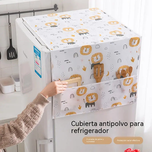 Funda protectora de PEVA para frigorífico doméstico, impermeable, resistente al aceite y a la humedad, con bolsillos laterales para almacenamiento.