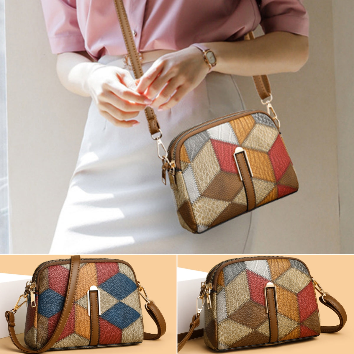 👜2026 nuevo bolso cruzado a cuadros con bloques de color a la moda para mujer