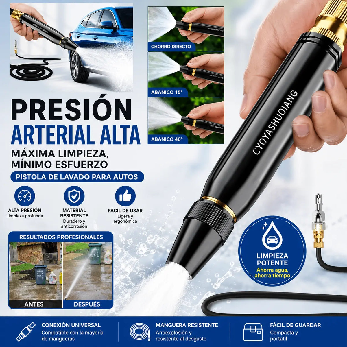 【2 piezas 】Pistola de agua metálica multifuncional de alta presión, con diseño de refuerzo, cuerpo metálico duradero y múltiples modos de pulverización para exteriores.