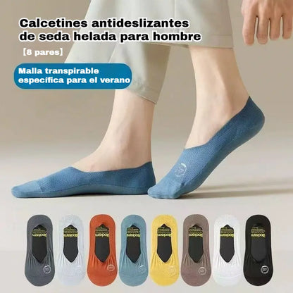 【8 pares 】🧦Medias de malla de seda helada para hombre, antideslizantes y de corte bajo.