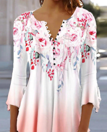 🎉🎁【S-5XL】 2026 nueva camiseta estampada delgada con cuello en V para mujer