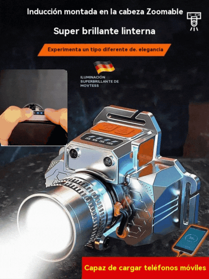 Linterna frontal LED ultrabrillante de largo alcance: zoom ajustable, carga USB y capacidad para cargar el teléfono.