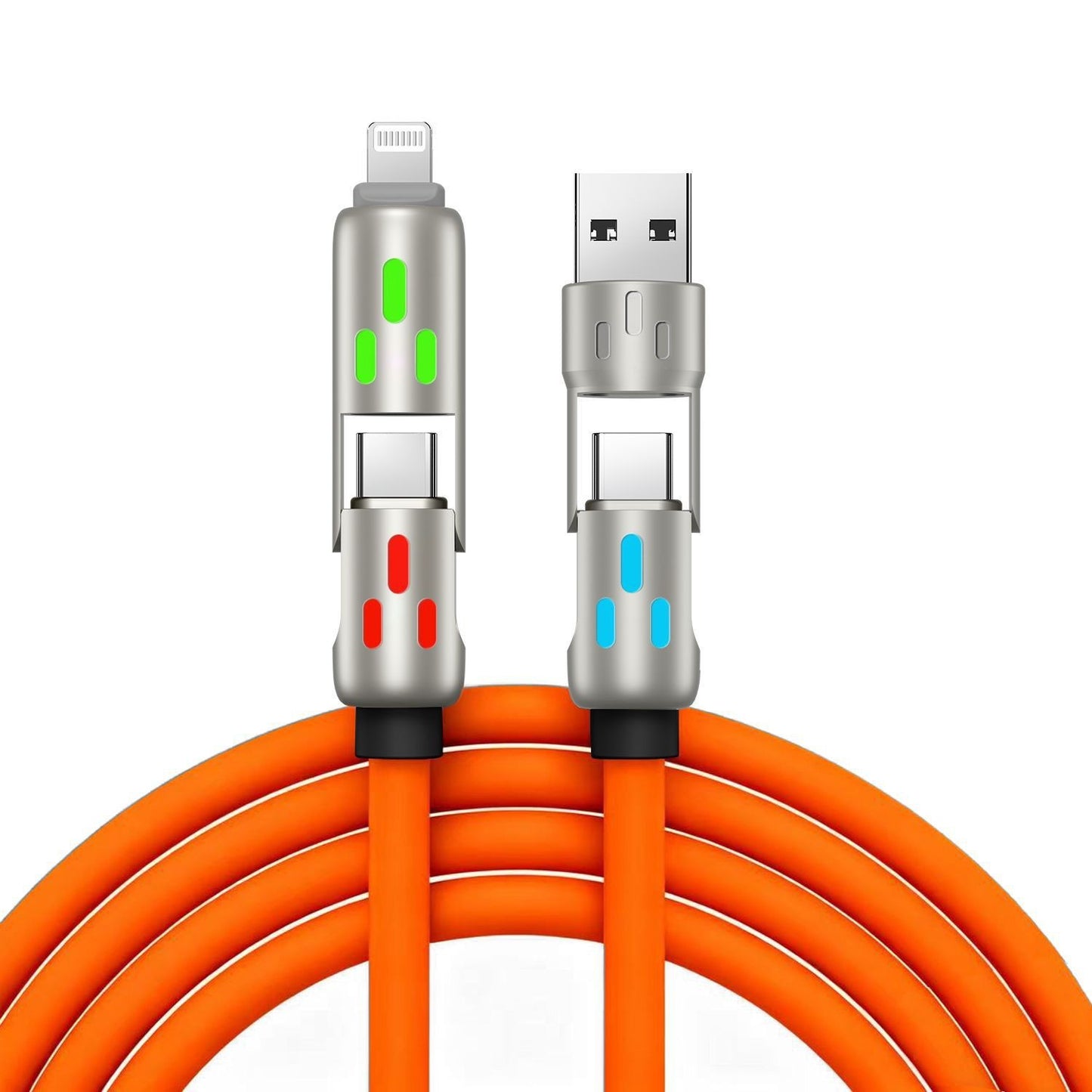 🔥 【2 unidades por 26 euros】 🔥 (2 metros de largo) Cable 4 en 1 PD 240 W – Carga rápida USB‑C, Lightning y USB‑A, aluminio y silicona, sincronización de datos ⚡📱