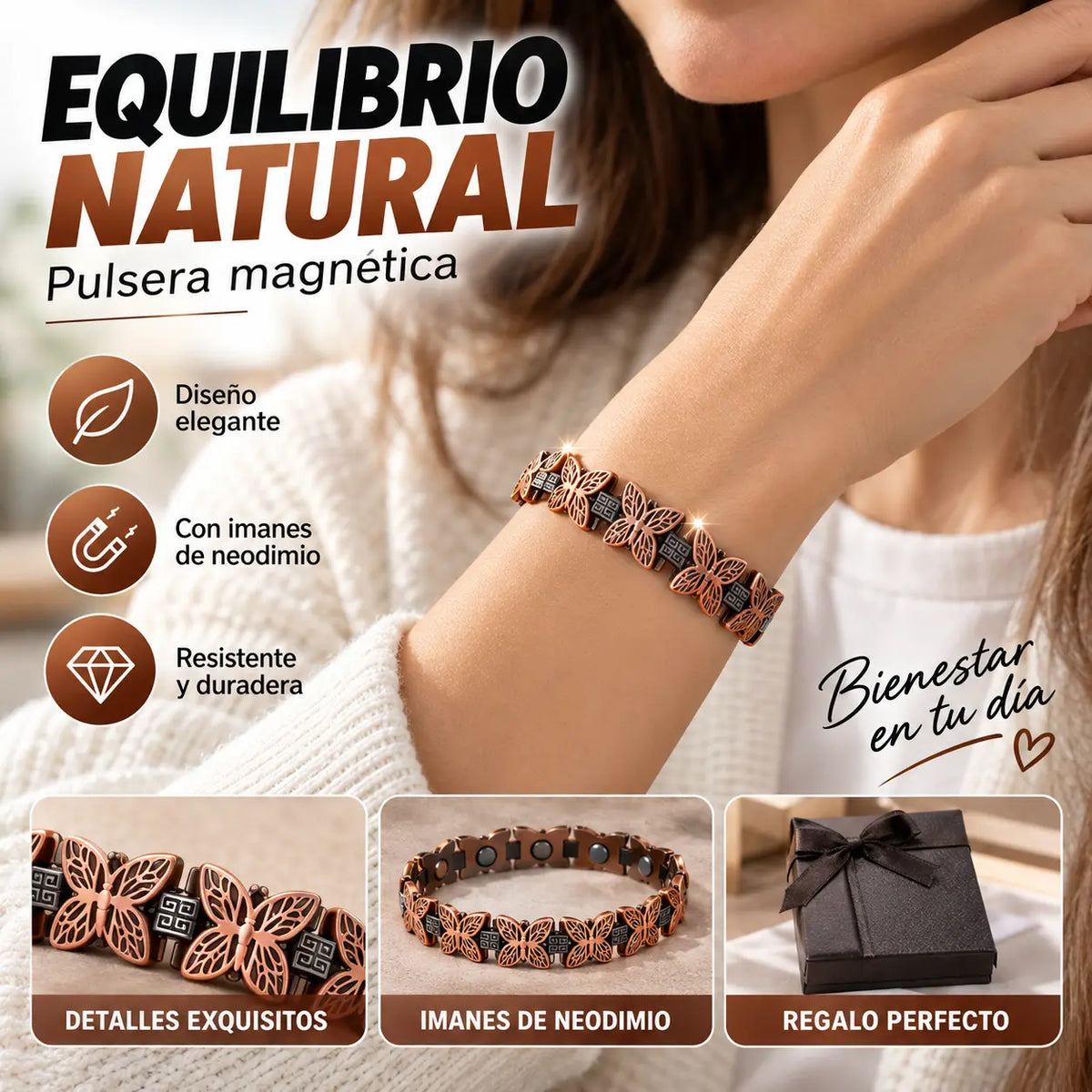 Pulsera magnética de cobre con mariposa ajustable Elegante, cómoda y perfecta para cualquier ocasión