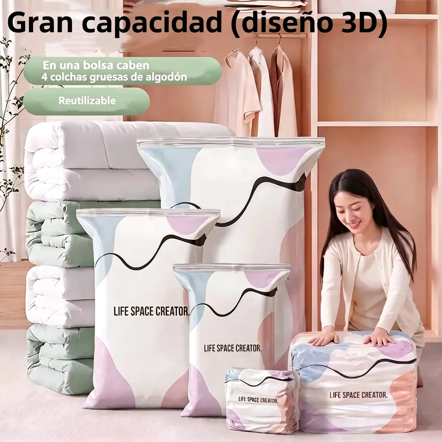 🧳 5 artículos por solo 35 € 💨 Bolsas de almacenamiento al vacío grandes y flexibles: No necesitan bomba de aire, son a prueba de fugas, ideales para ahorrar espacio en tu maleta y en casa ✈️