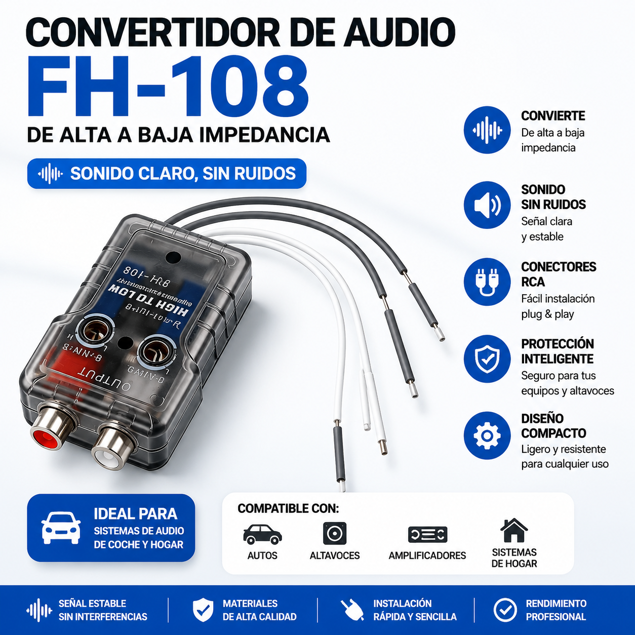 🚗🎵【compre uno y llévese otro gratis】【2 piezas 25 euros】⏰Convertidor de impedancia de alta a baja para audio de automóvil con función de retardo FH-108 FH-128