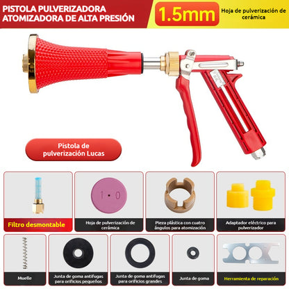 Pulverizador agrícola de alta presión con filtro y boquilla a prueba de viento.