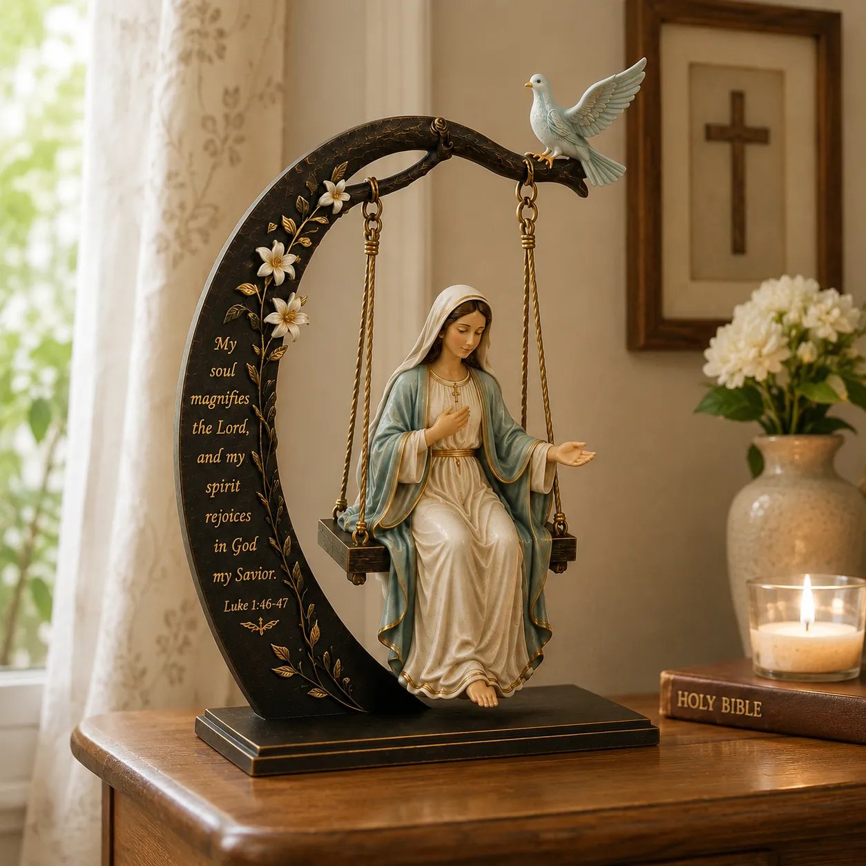 ✝️ Adorno de cuna de la Santísima Virgen María – Lucas 1:46–47 Decoración de mesa de fe | Estatua de la Virgen María en oración con paloma y luna creciente para la decoración del hogar