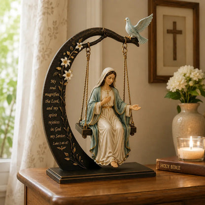 ✝️ Adorno de cuna de la Santísima Virgen María – Lucas 1:46–47 Decoración de mesa de fe | Estatua de la Virgen María en oración con paloma y luna creciente para la decoración del hogar