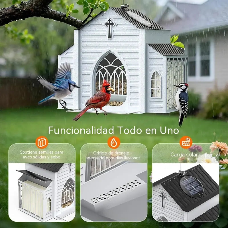 Comedero para pájaros con forma de iglesia alimentado por energía solar