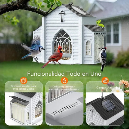 Comedero para pájaros con forma de iglesia alimentado por energía solar