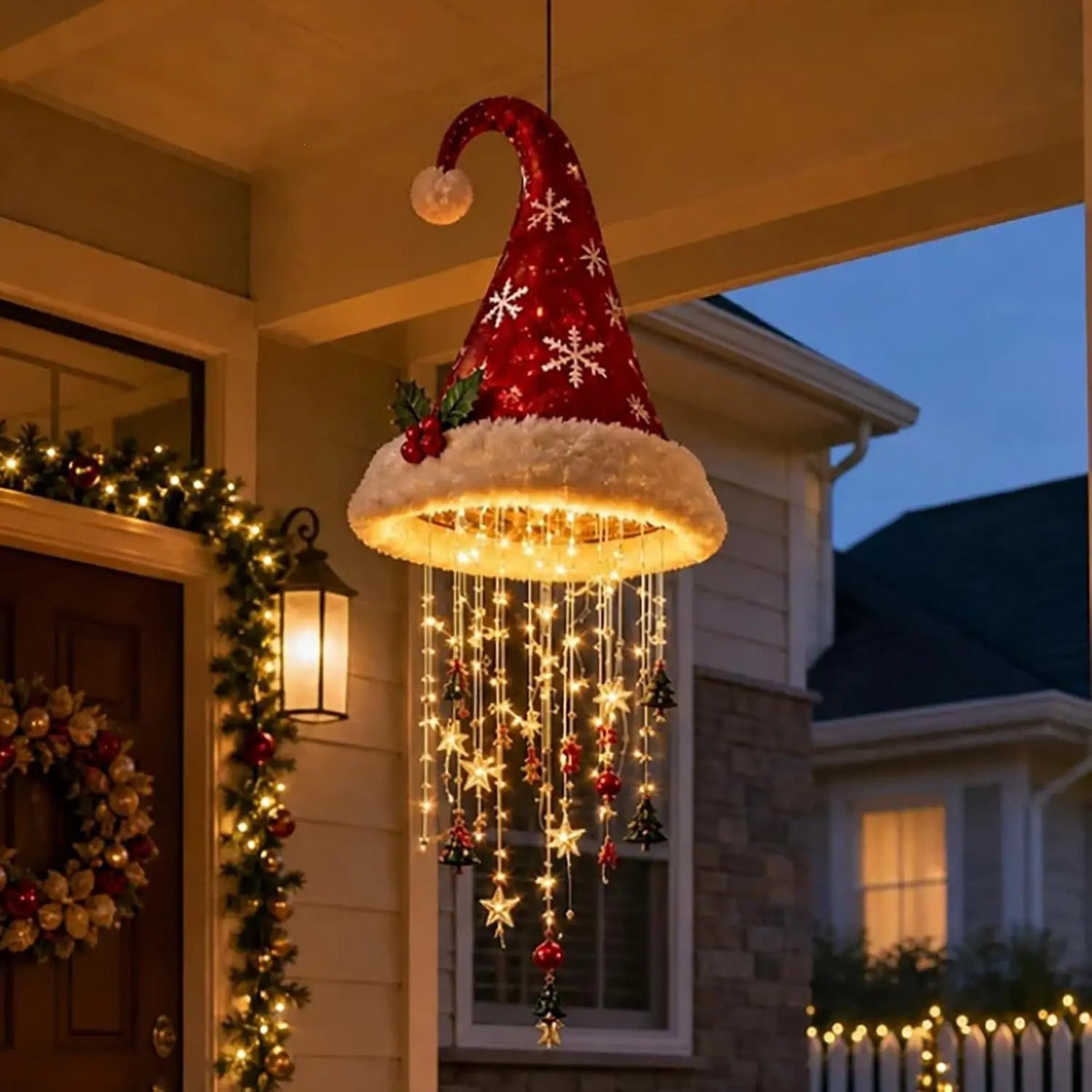 🎅 Gorro de Navidad con copo de nieve y luz LED de cristal  Brillo mágico para el porche ✨
