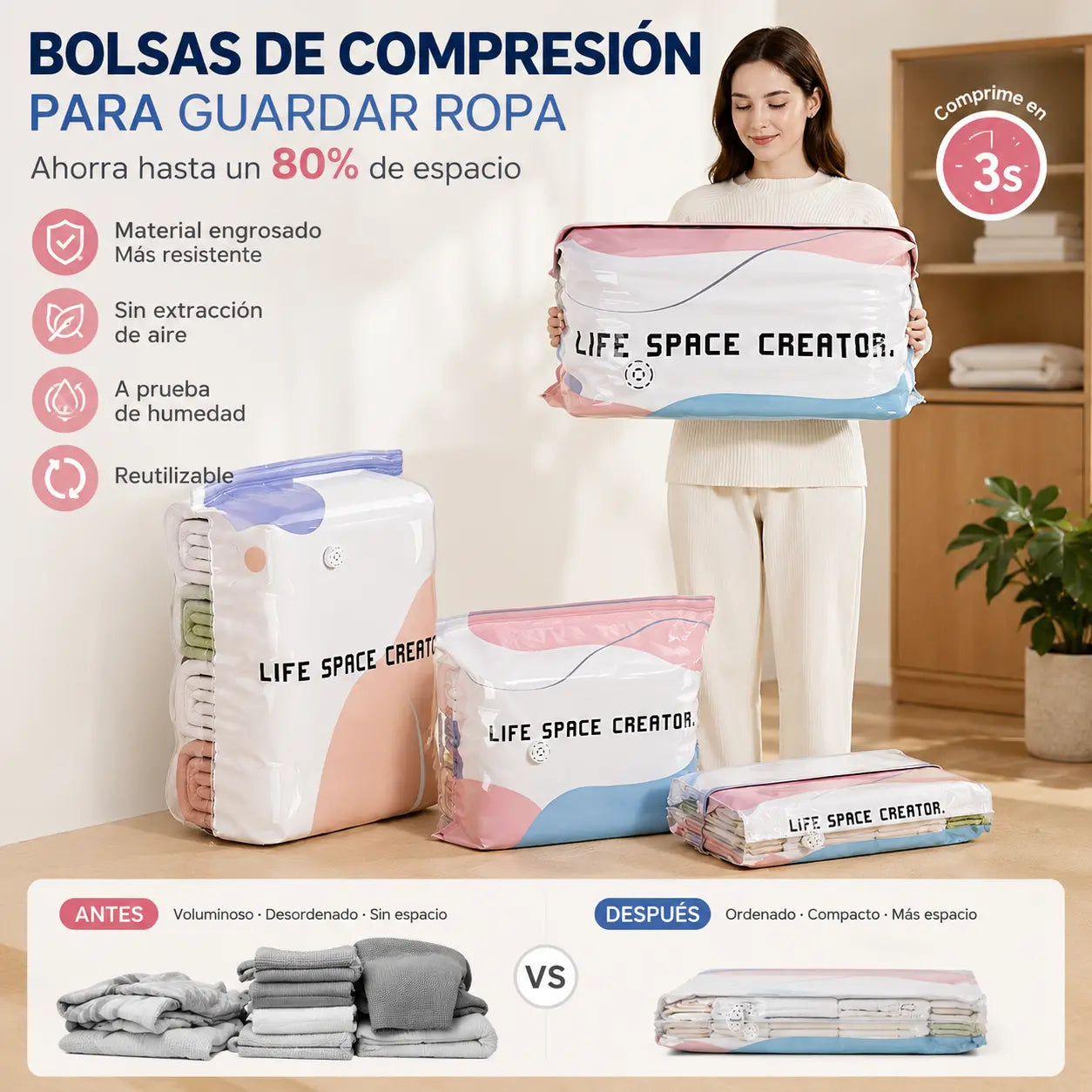 👕📦【5 piezas 25 euros】Bolsas de compresión para guardar ropa, no requieren vacío, diseño reforzado.