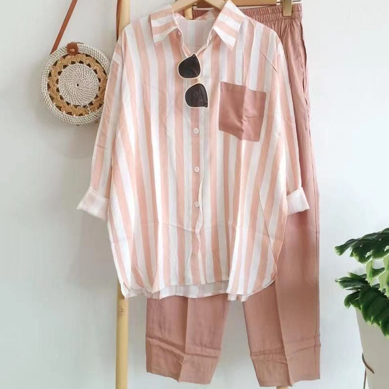 【S-5XL】Nueva conjunto de primavera a rayas, conjunto de dos piezas con mangas largas y pantalones.【Pantalones + Camisa】