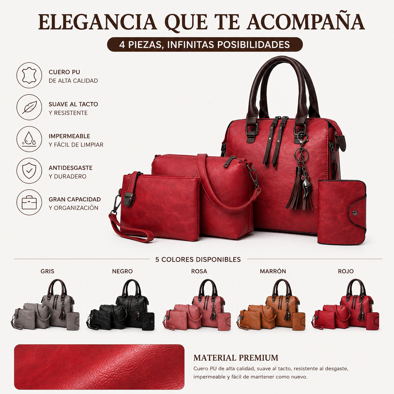 👜Set de 4 bolsos de mano de piel sintética para mujer