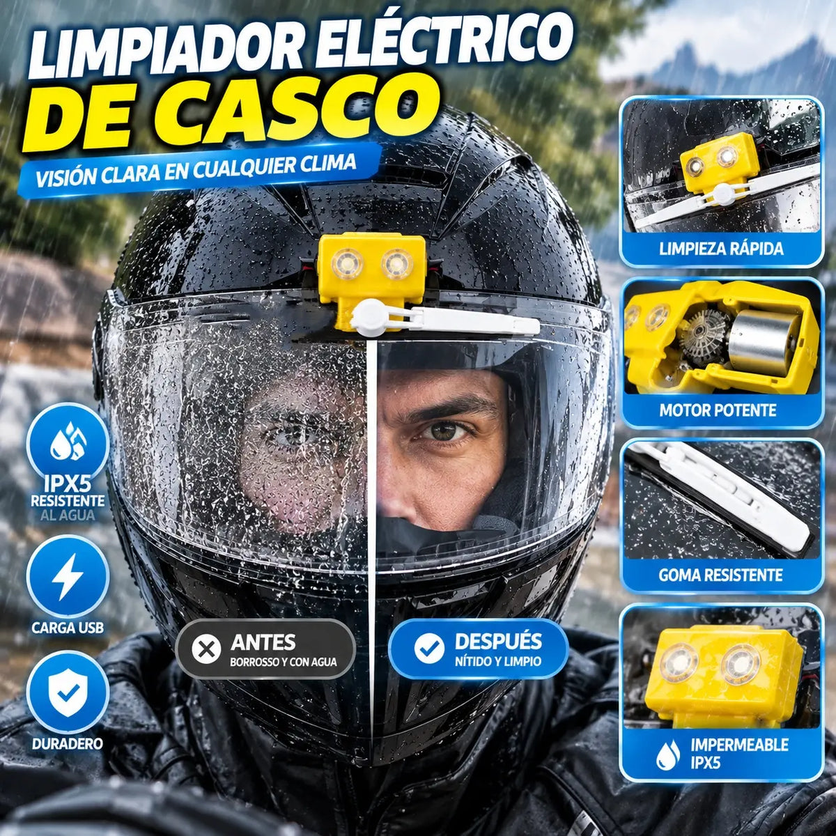 Limpiaparabrisas recargable y totalmente automático diseñado para cascos de motocicleta.