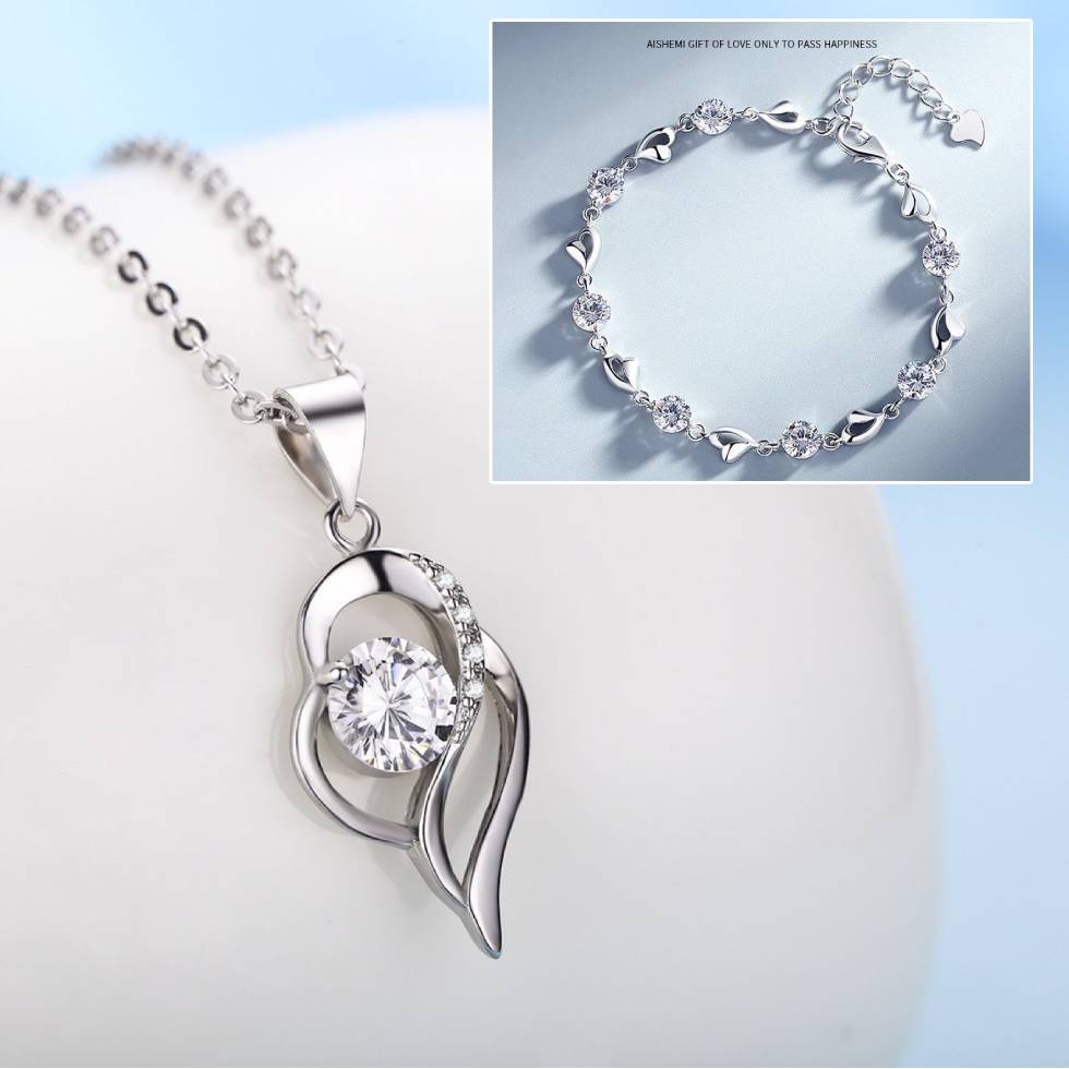 🥰【1 juego：Pulsera + collar】✨Conjunto de pulsera y collar de plata de ley 925 Corazón del Océano