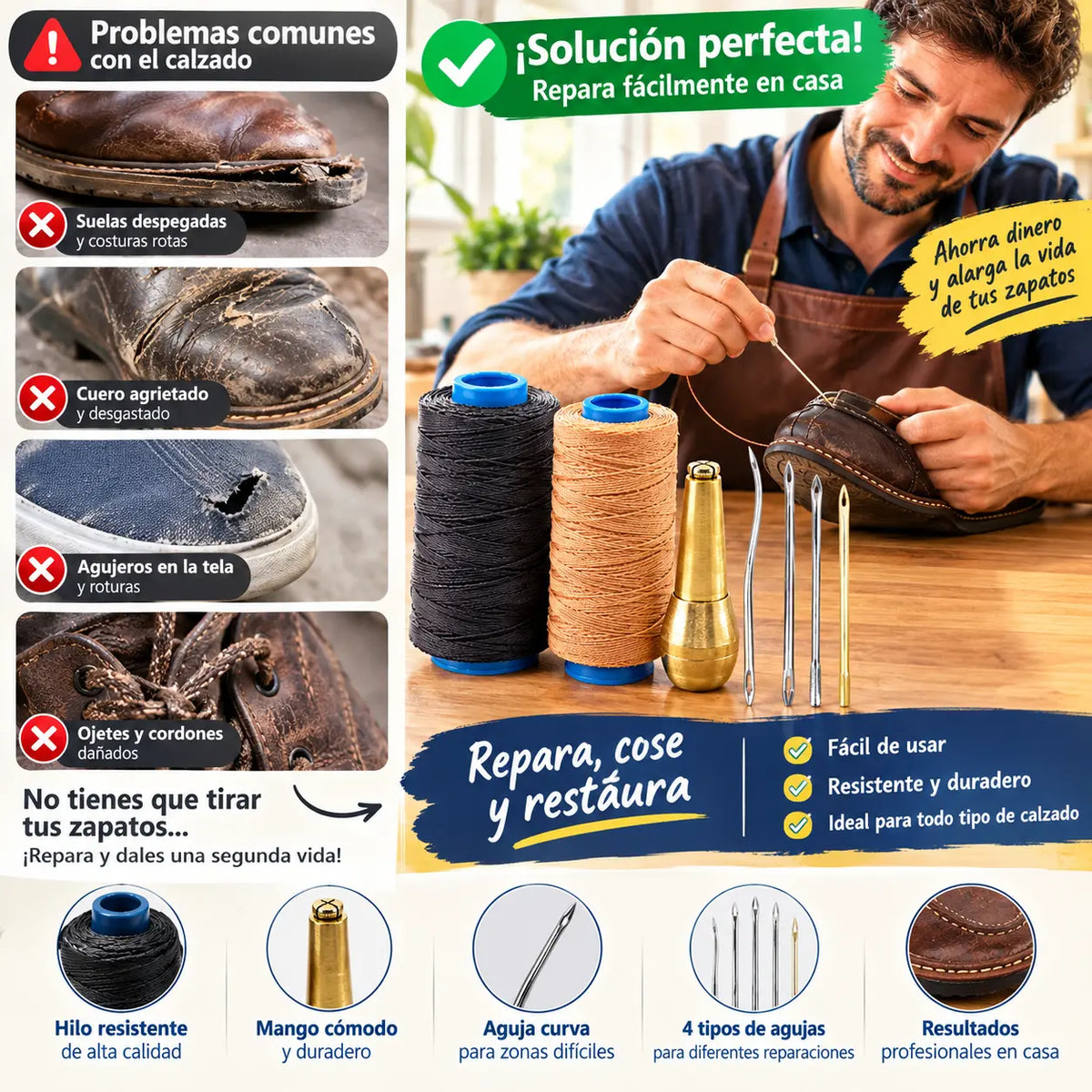 ✨¡50% DE DESCUENTO AHORA!✨ Juego de 5 piezas de lezna para coser cuero con hilo encerado: herramientas de costura manual para marroquinería.