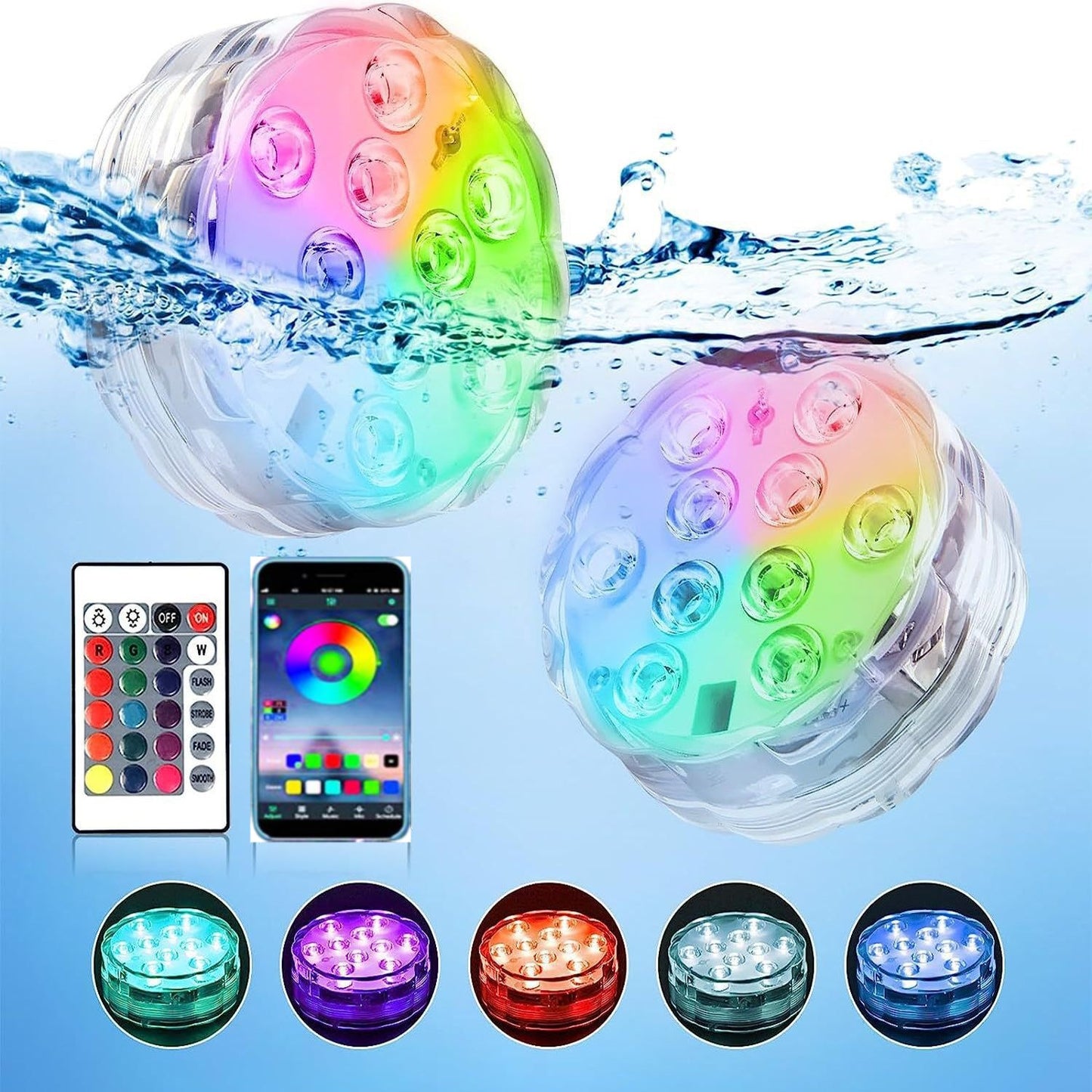 Linterna LED para buceo, control remoto mediante aplicación, luz para piscina impermeable y magnética, luz subacuática RGB de siete colores, luz impermeable para acuario.