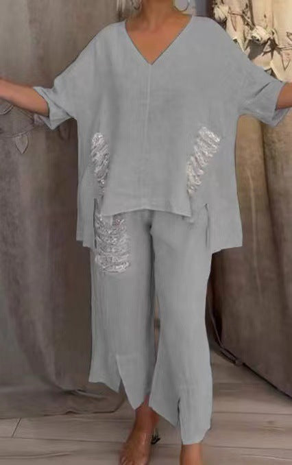 【Pantalones + Top】2026 Traje de dos piezas de lino y algodón con cuello en V para mujer