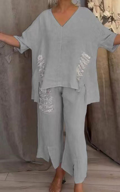 【Pantalones + Top】2026 Traje de dos piezas de lino y algodón con cuello en V para mujer