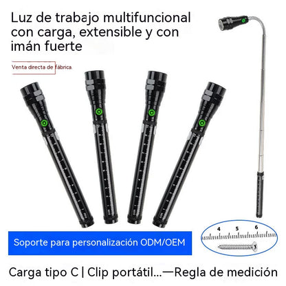 Linterna LED telescópica multifuncional: cuenta con base magnética, extensión de largo alcance e iluminación de alta intensidad.