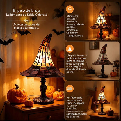 【Novedad de Halloween】Luz nocturna con forma de sombrero de bruja gótico: ¡una luz nocturna creativa de resina con efecto de vidriera retro!