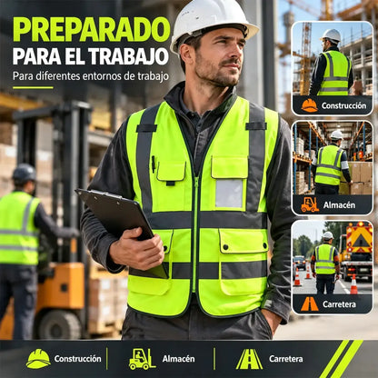 🦺 Chaleco Reflectante de Alta Visibilidad con Bolsillos | Chaleco de Trabajo para Construcción, Carretera y Seguridad Vial