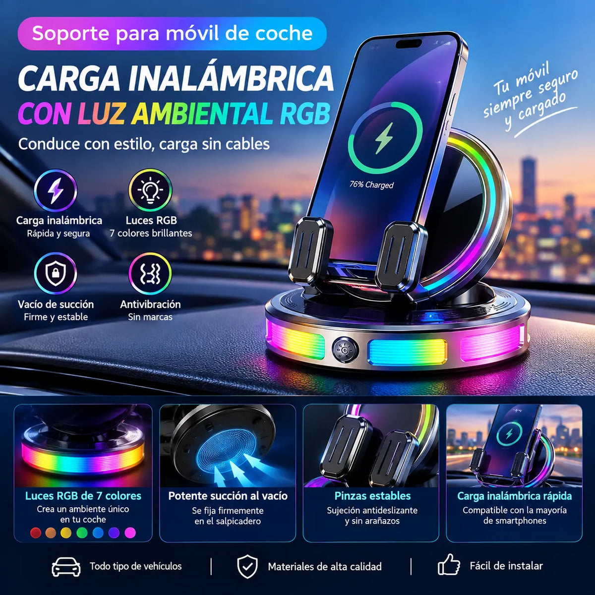 📱 Soporte para coche RGB con sujeción automática y carga inalámbrica de 15 W