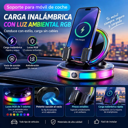 📱 Soporte para coche RGB con sujeción automática y carga inalámbrica de 15 W