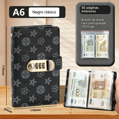 Organizador seguro con cerradura: libro para ahorrar dinero con 50 bolsillos internos para billetes y recibos.