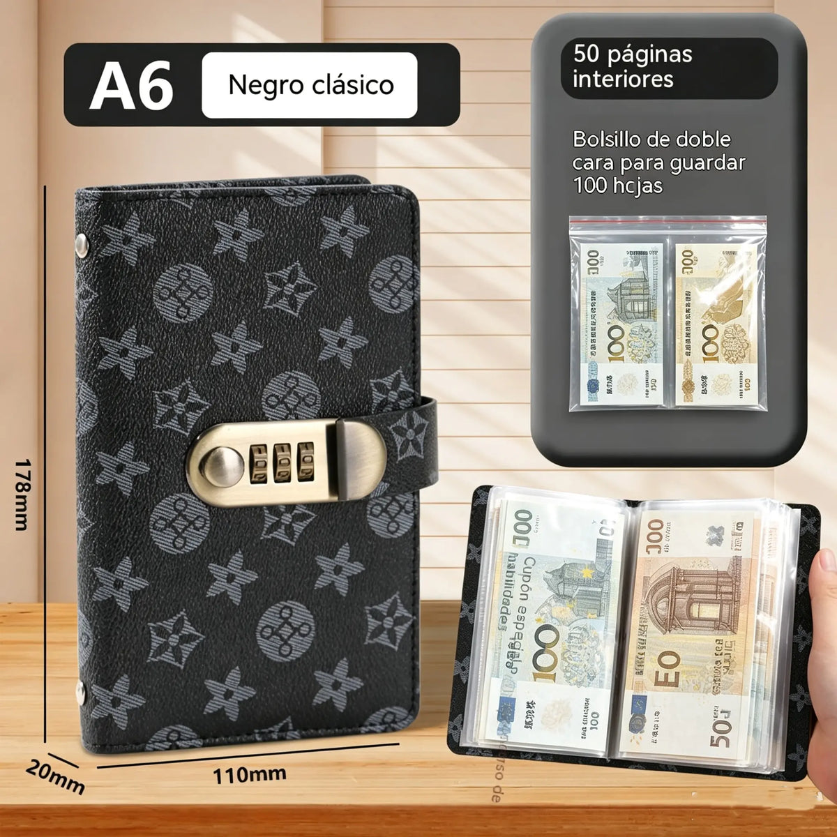 Organizador seguro con cerradura: libro para ahorrar dinero con 50 bolsillos internos para billetes y recibos.