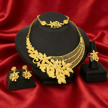 ✨ Juego de joyas nupciales chapadas en oro de 24 quilates estilo indio de Dubái: collar, pulsera, anillo y pendientes para mujer.