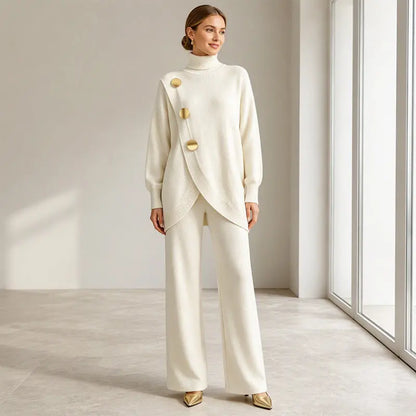 👗 Dvojdielny dámsky set S-3XL – rolák a široké nohavice, asymetrický dizajn so zlatými gombíkmi, 6 farieb.