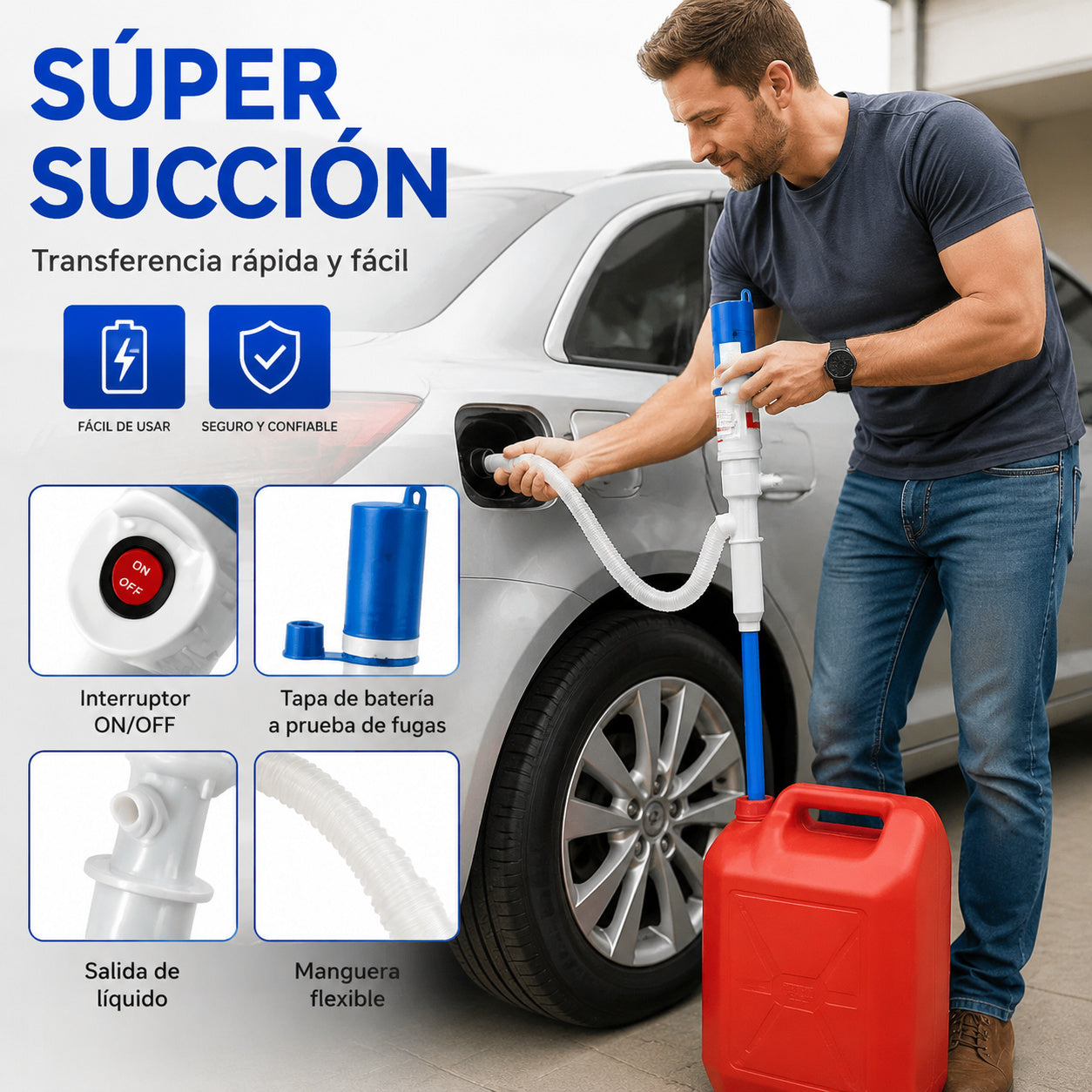 Bomba eléctrica multifuncional para transferencia de líquidos; funcionamiento con un solo toque; apta para gasolina, diésel y agua.