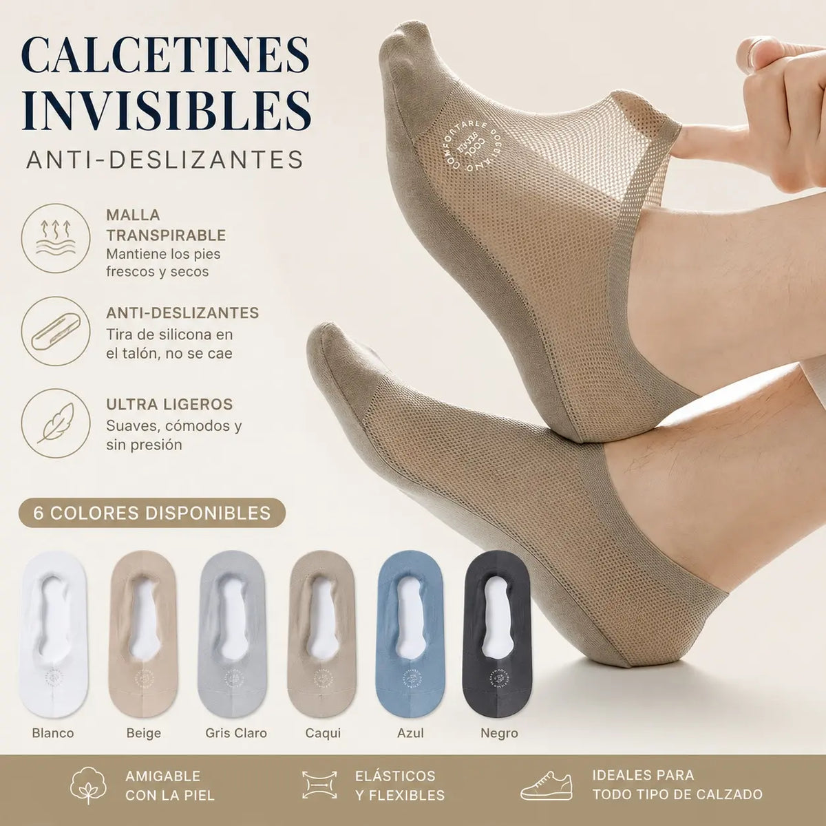 🧦【6 pares 24 euros】Calcetines invisibles transpirables de malla fina antideslizantes universales de 6 piezas