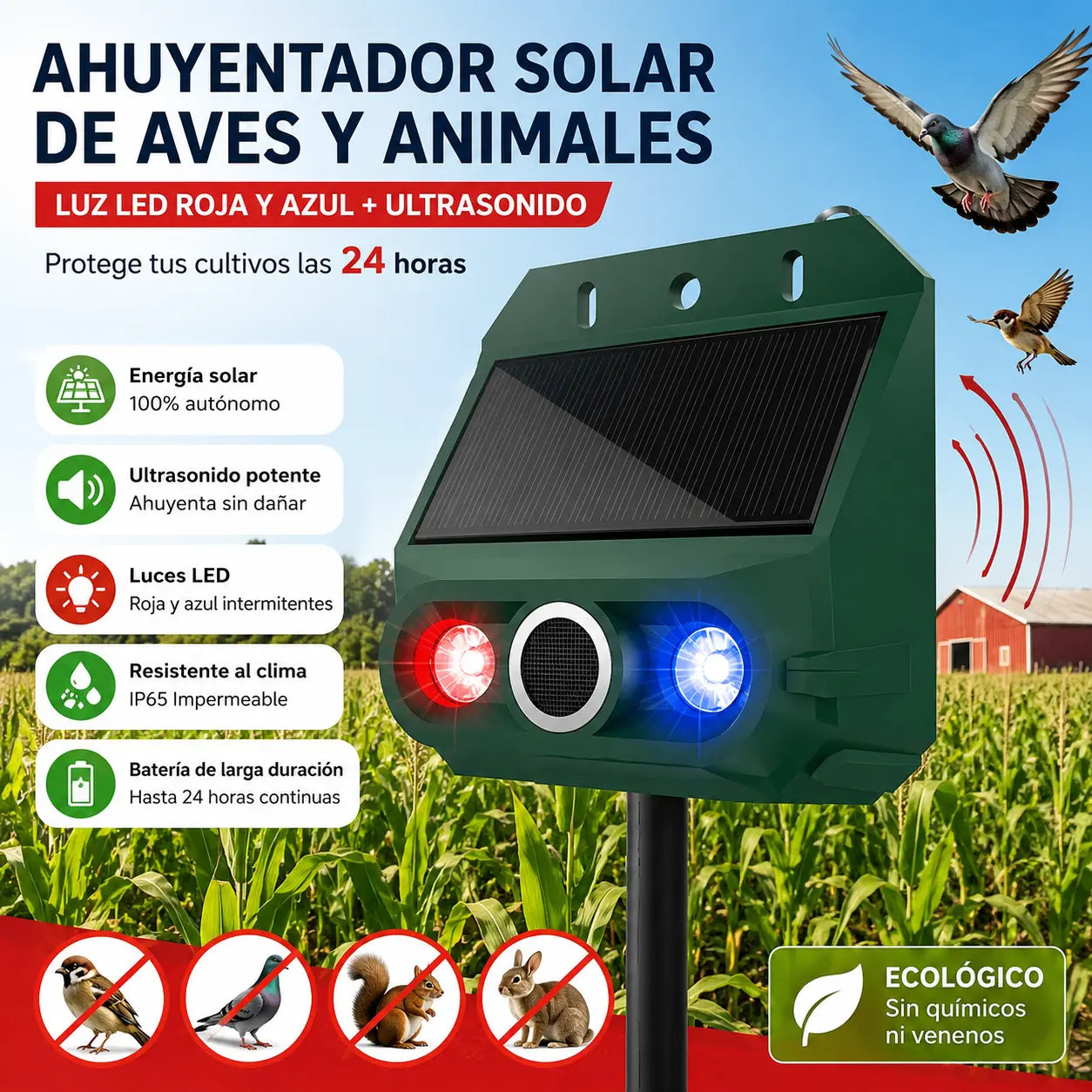 🔥【Oferta especial】🔥Repelente solar ultrasónico para animales para exteriores: puede ahuyentar pájaros y animales.