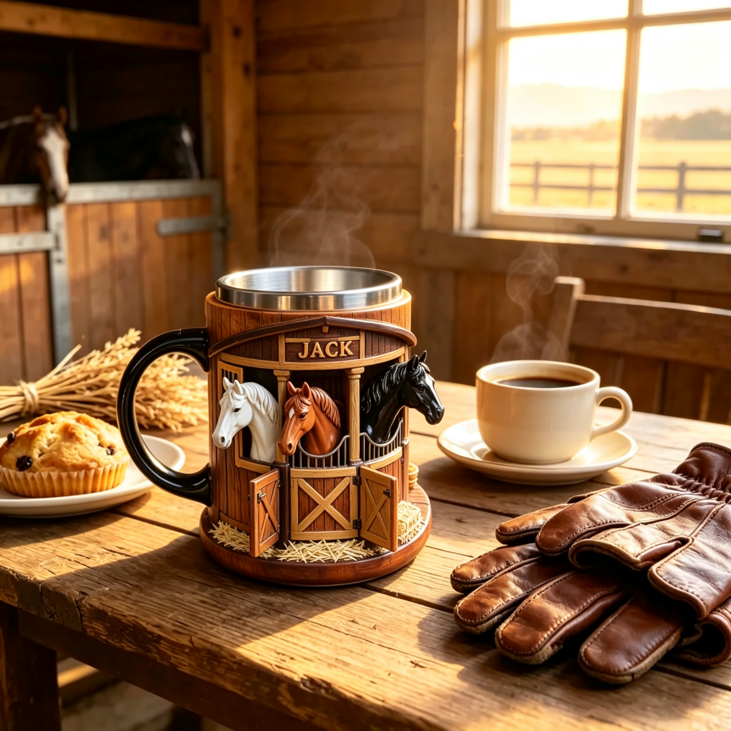 ☕Taza de café 3D con temática de granja y establo, taza de acero inoxidable con relieve tridimensional, regalo ideal para amantes de los caballos.