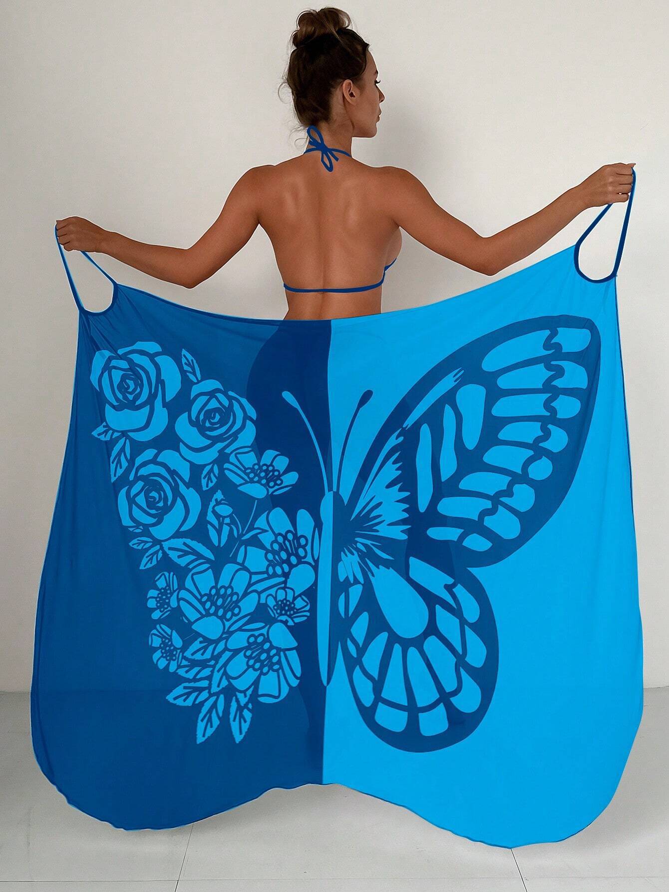 🦋🦋Vestido tipo chal con protector solar de playa de malla con estampado de mariposas