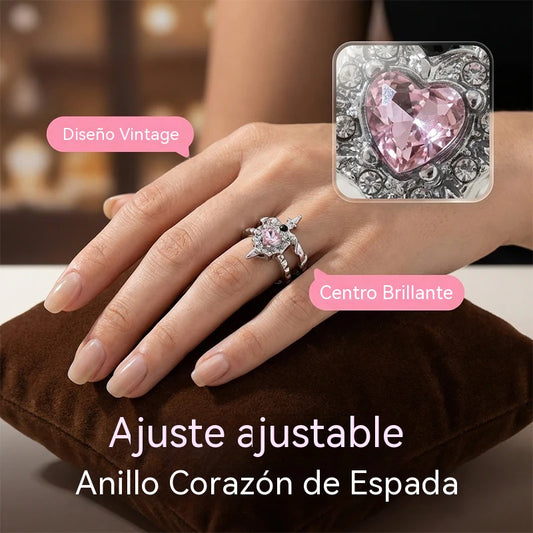 🔥【2 piezas】Conjunto de anillo vintage ajustable con forma de corazón y espada perforante