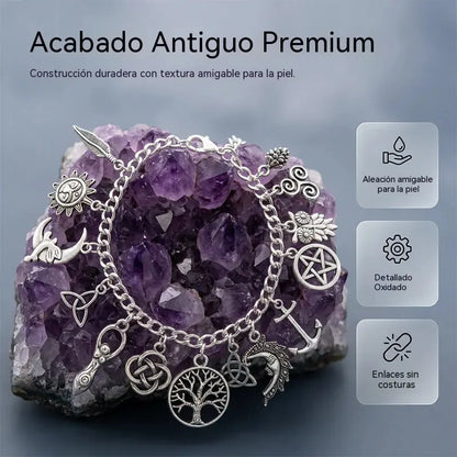 Pulsera de dijes vintage con aire místico para mujer – Joyería celestial, gótica y boho 🔮✨