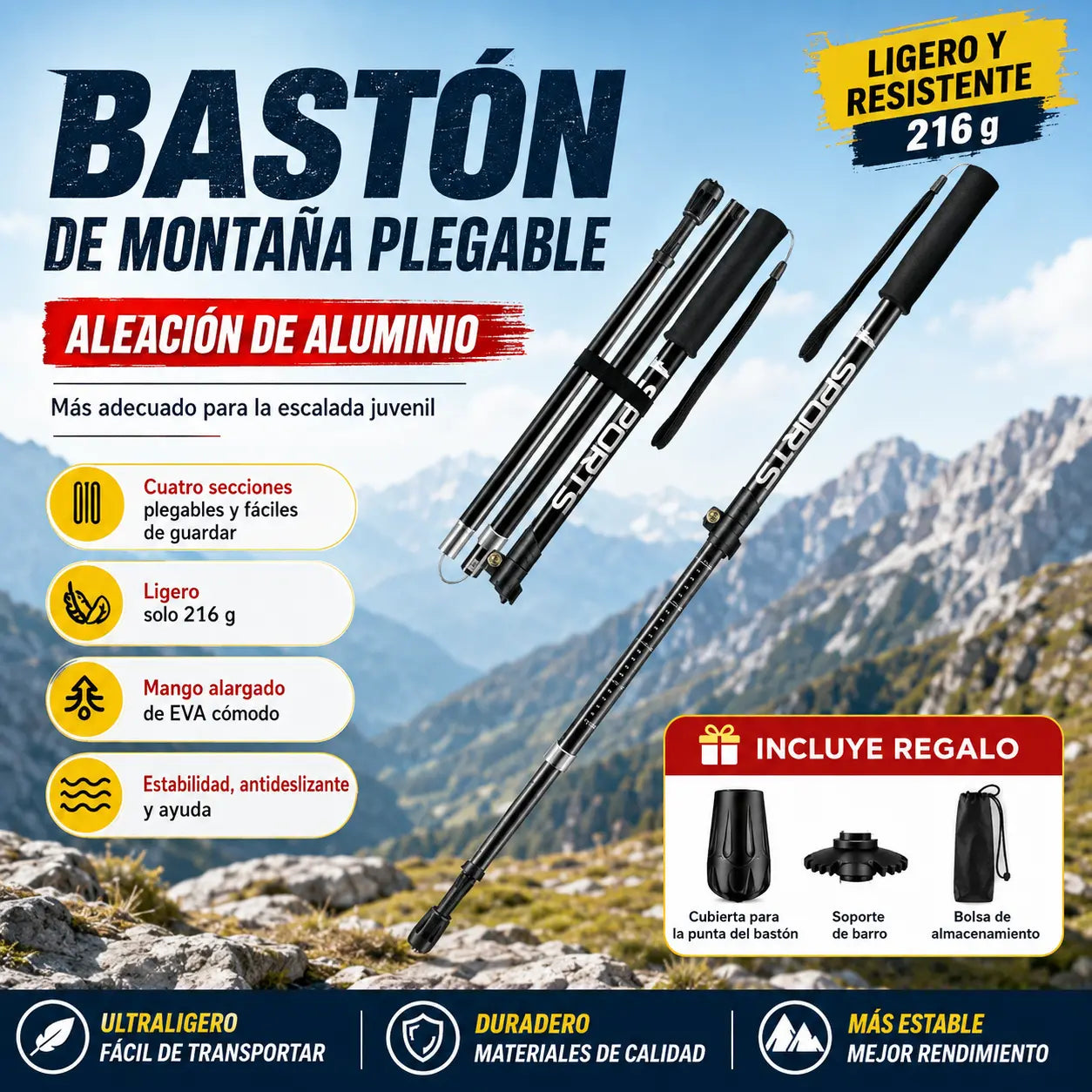 🦯Bastón de trekking ajustable de aleación de aluminio: duradero, con absorción de impactos y ligero