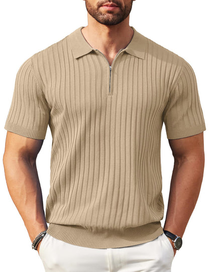 50%OFF👔Camisa de punto acanalado para hombre con cierre de cremallera y mangas cortas.