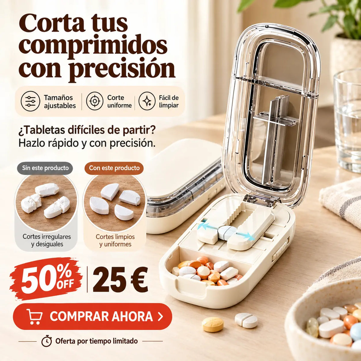 ✂️ Cortador de Pastillas Multifuncional – Divide en 2, 3 o 4 Partes, Caja Almacenadora Portátil 💊