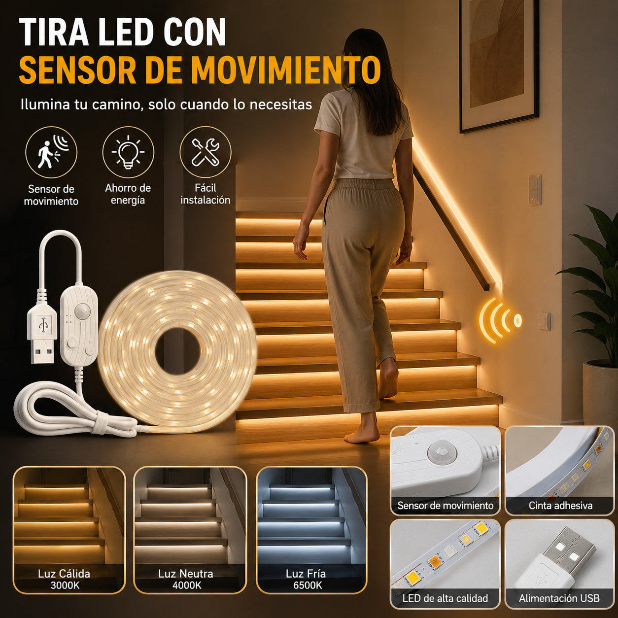 【2M】Tira de luces LED con sensor inteligente y sistema de iluminación automática, con adhesivo USB, ideal para cocinas, dormitorios y escaleras.