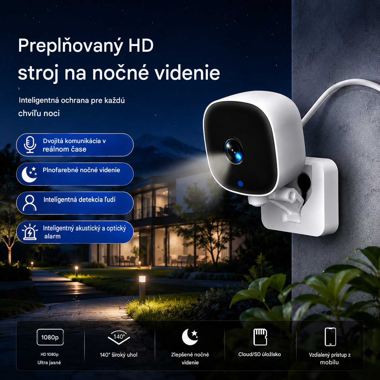 Kamera s vysokým rozlíšením a inteligentným monitorovacím systémom pre domácnosť s funkciou diaľkového bezdrôtového Wi-Fi pripojenia, infračerveného nočného videnia a obojsmerného zvuku.