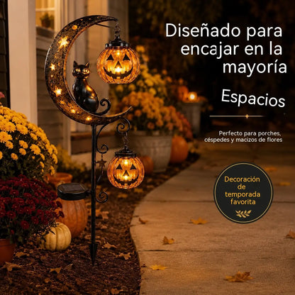 Lámpara decorativa solar para exteriores con forma de calabaza y gato negro.Crea una atmósfera mágica por la noche. Sensor automático, resistente al agua y duradera.